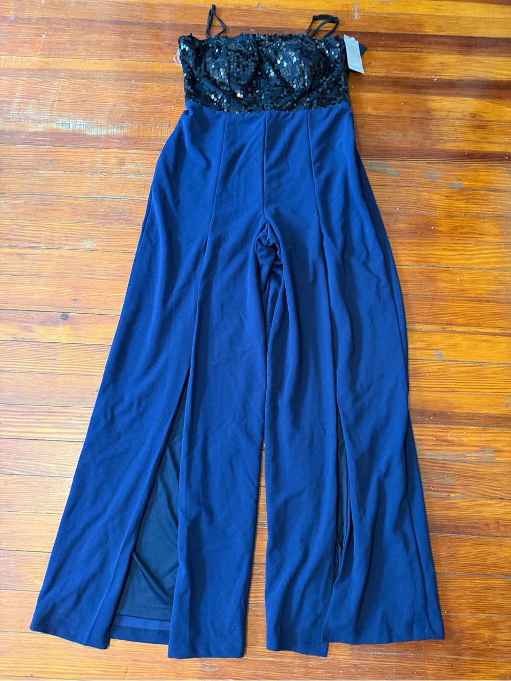 New bebe Black Sequin Bodice Navy Wide-Leg Jumpsuit with front slit legs size 12